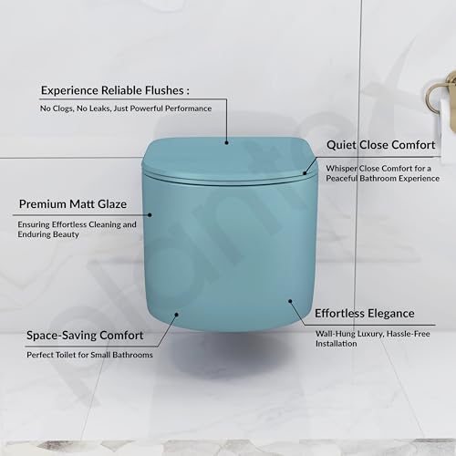 Image of Plantex Imported Ceramic Wall Hung Commode /Rimless Washdown Flush Western Toilet /Round Commode with Soft Closing Toilet Seat - P Trap (Harmony Blue)