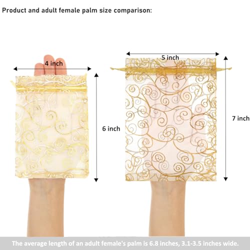 Image of Staruby Organza Gift Bags Gold Sheer Organza Bag 50Pcs 4x6 Inch and 50Pcs 5x7 Inch Mesh Favor Bags Drawstring Jewelry Rattan Printed Gift Pouches for Wedding Party Favors Couple Shower Christmas Gifts Candy Bags