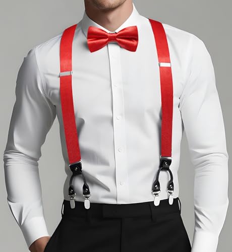 Image of Dubulle Suspender and Bow Tie for Men Paisley Solid Mens Suit Braces Pretied Bowtie and Handkerchief Cufflinks Formal Wedding