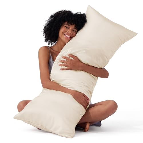 Image of Bedsure Satin Body Pillow Cover with Zipper, Similar to Silk Body Pillow Pillowcase, Soft & Breathable Long Pillow Case, Cooling & Silky Long Pillowcase for Hair and Skin, Gifts, Beige, 20x54 Inches