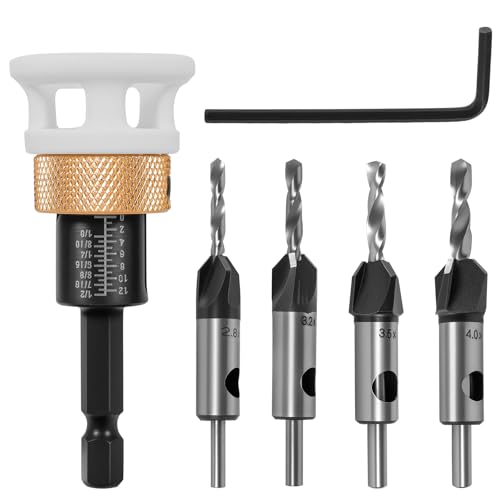 4 Pcs Countersink Drill Bit Set with Low Friction Depth Stop, HSS Tapered Head Bits 2.8mm, 3.2mm Drill + 8mm 82° Counter Bore, 3.5mm, 4.0mm Drill + 10mm 82° Counter Bore 1/4" Hex Shank