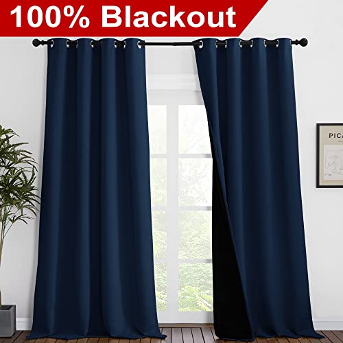 Image of NICETOWN 100% Blackout Curtains 102 inches Long, Noise Reduction Window Treatment Curtains, Thermal Insulated Energy Smart Drapes and Draperies for Apartment Decor, Navy Blue, Set of 2, 55 inches W