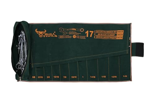 Image of BULL TOOLS SAE Ratcheting Wrench Roll Organiser SAE, 17+1 SAE Roll, with Zip Pouch, Made from Durable Recycled Cotton Canvas for Mechanics, DIYers, Home - Olive Green - (Tools are not Included)