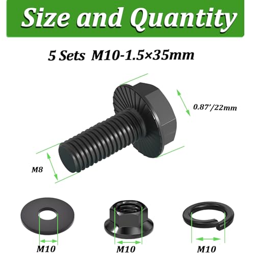 Image of 5 Sets M10-1.5 x 35mm Flanged Hex Head Bolts,Flange Nuts,Flat & Lock Washers,10.9 Black Zinc Plated,Full Thread,Alloy Steel