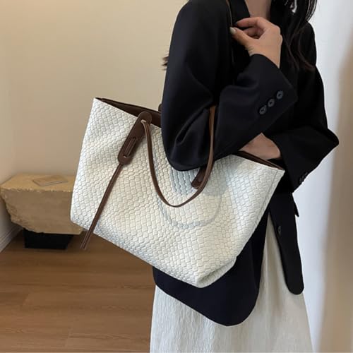 Image of Womens Fashion Luxury Large Leather Woven Leather Tote Handbag Shoulder Bag Women Top Handle Satchel Handbag Work