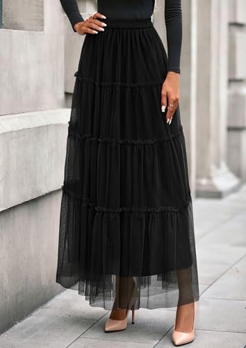 PRETTYGARDEN Tulle Skirts for Women 2025 Fall Fashion Elastic High Waisted Tiered Flowy A-Line Casual Maxi Long Skirt3