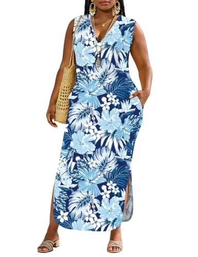 Image of UOUA Women Summer Maxi Dresses Plus Size Casual Hawaiian Sundress Sleeveless Loose Split Beach Dress with Pockets
