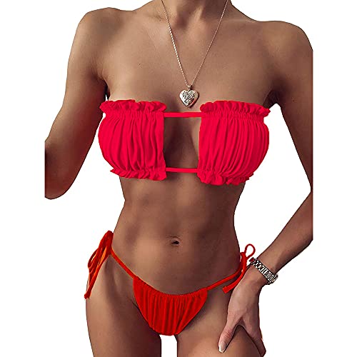 iMixCity Damen Bandeau Bikini Set Einfarbige Trägerlos Badeanzug Sexy Niedrige Taille Tanga Sommer Gepolsterte Strandbikini, S, Weiß Cover