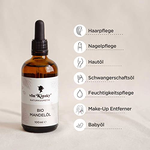 Foto von Bio Mandelöl - Bio Almond Oil Rein - 100ml - Massageöl Babyöl Haaröl Körperöl - Hair Baby Vitamin E - Made in Germany - von Kinsky