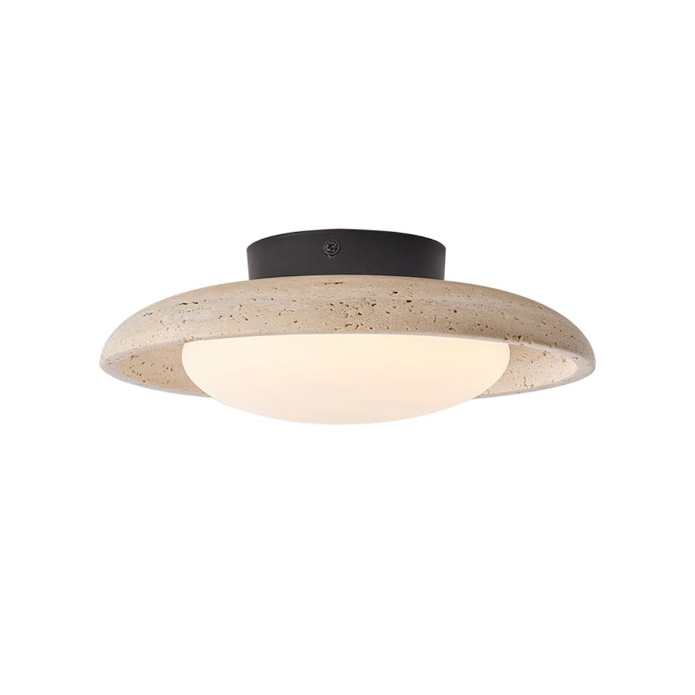 MESOVFCA Modern Travertine Round Flush Mount Ceiling Light with Opal Glass Shade LED Hardwired Decorative Overhead Fixture for Hallway Entryway Bedroom Living Room Ambient Lighting