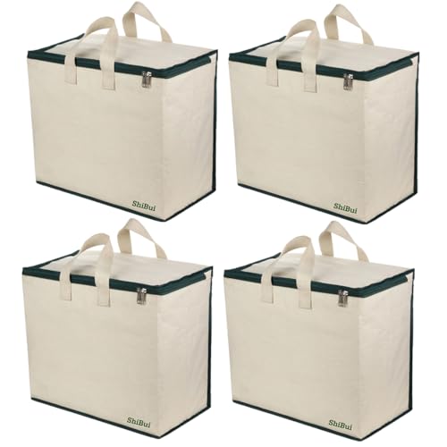 Image of SHIBUI Canvas Reinforced Cotton Handles with Multipurpose Clothes Storage Organizer & Grocery vegetable shopping and Covers Zip Bags. (Green, 4 Piece)