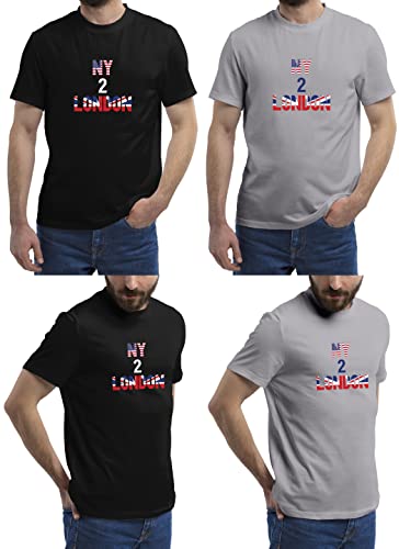 Image of (2-Pack) Mens T Shirt with Stylish Print Casual Short Sleeve Premium Soft Medium Weight Multipack Ideal for Everyday Wear Fast-Drying Essential Crew Neck Noos T-Shirt (London- (Black & Grey), M)