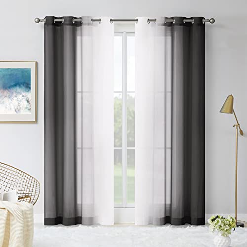 Melodieux Black Ombre Sheer Curtains 84 Inches Long for Living Room, Soft Chiffon White Black Gradient Grommet Voile Drapes, 52 by 84 Inch, 2 Panels