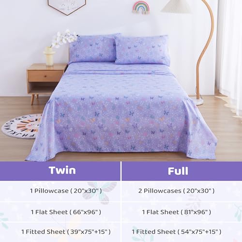 Image of Viviland 4 Pieces Girls Light Purple Full Sheet Set - Soft Microfiber Fitted Flat Sheets & Pillowcases - Butterfly Floral Printed Bedding Sets - for Kids & Toddlers