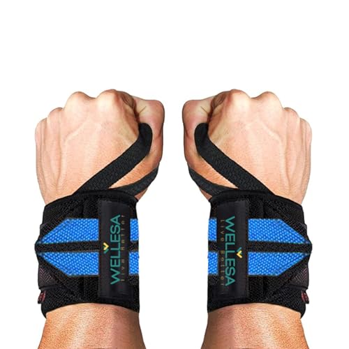 Image of Wellesa Wrist Support for Gym Workout | Wrist Band for Pain Relief & Weight Lifting | Wrist Wrap for Men & Women | Wrist Brace | Gym Accessories | One Size (Blue 2 Line)