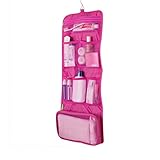 Greenery Waterproof Spacious Portable Travel Storage Bags Multiple Pockets Large Capacity Folding Toiletry Bags Organizer Outdoor/Home Makeup Cosmetic Bags with Flexible Hanging Hook (#Rose red)