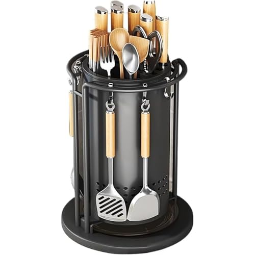 PANJIE キッチンツールスタンド 360°回転キッチン収納ラック 包丁立て カーボンスチール製 防錆加工 多段階調節 刃物台付き コンパクト 省スペース 調理器具・食器整理 メンテナンス簡単 ホワイト-19*19*39cm (ブラック-19*19*39