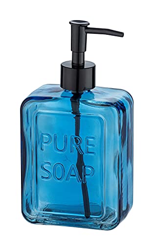 WENKO Distributeur de savon Pure Soap, distributeur de savon liquide rechargeable en verre, distributeur de désinfectant pour la cuisine, la salle de bain, 550 ml, 9,5x20x6cm, bleu