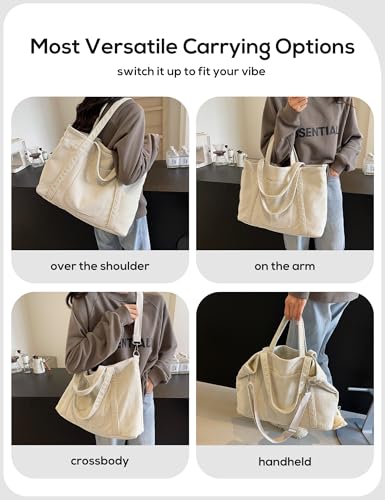 Image of METALPHA Tote Bag for Women, Large Work Corduroy Tote Bags Zippered Messenger Travel Bag Shoulder Crossbody Hobo Handbags