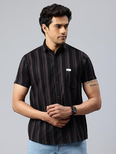 Image of Majestic Man Men Slim Fit Cotton Striped Half Sleeve Casual Shirt