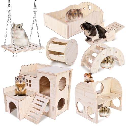Maison Hamster: 7 Pièces Jouet Hamster, Hamster Accessoire, Jouets à Mâcher, Jouets d'escalade, Pont et Balançoire, Maison en Bois pour Hamster Chinchilla