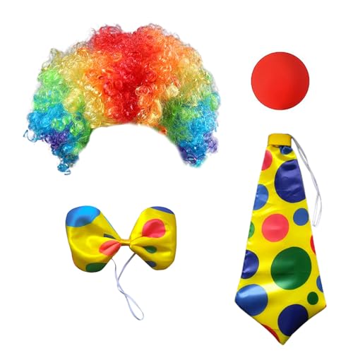 MIVAIUN 4 Stück Clown Kostüm Set Clown Lockenperücke Regenbogen Clown Kleidung mit Perücke Nase Fasching Karneval Cosplay Accessoire für Kinder Damen Herren Halloween Kostümzubehör (4 Stück)