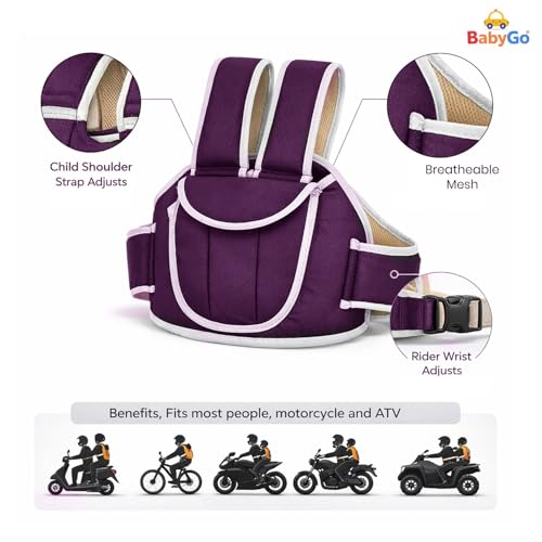 Image of BabyGo Kids Safety Belt for Two Wheeler with Reflective Strips, Portable Baby Safety Belt for 2 Wheeler| Double Buckles for Extra Safety for Kids (Purple)