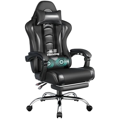 Yaheetech Sedia Gaming Ergonomica Massaggiante Reclinabile con Poggiapiedi Poggiatesta e Supporto Lombare Braccioli Imbottiti in Finta Pelle, Poltrona Gamer da Scrivania con Ruote Girevole Nero