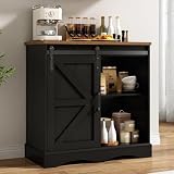 HOMFAMILIA 31.5' H Farmhouse Coffee Bar Cabinet w/Storage, White Kitchen Coffee Station with Sliding Barn Door, Rustic Buffet Cabinet with Adjustable Shelves, for Kitchen, Living Room, Black