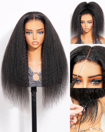 Image of Arabella 3 In 1 Half Wig Kinky Straight Upgraded Glueless Wigs HD Lace Human Hair Yaki Straight Invisible Hairline 210% Density 12A Wear & Go 3D Cap Seamless Drawstring Beginner Friendly 20 Inch