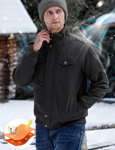 TACVASEN Men's Winter Jacket Fleece Lined Military Jacket Cargo Windbreaker Zip Front Stand Collar Coat with Multi Pockets