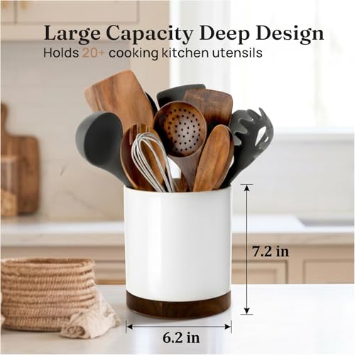 Nucookery Ceramic Rotating Utensil Holder for kitchen counter, 7.2" Stable Large Utensil Crock Countertop Organizer for Cooking Utensils, Modern Farmhouse Decor, Christmas Gift, White by Nucookery - Image 3