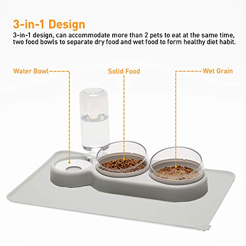 Yeacha Raised Cat Bowls, Tilt Cat Dog Food Water Elevated Bowls Set With Automatic Water Bottle, With Silicon Waterproof Mat, For Cats Small Dogs, Grey #TOP3
