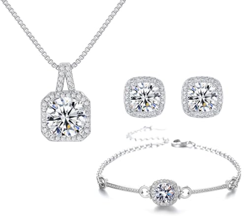 Hadskiss Silver Cubic Zirconia Earrings and Pendant Necklace Link Bracelet Set for Women 14K White Gold Plated Square Wedding Jewelry Sets for Bride Bridesmaid
