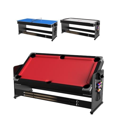 Rotating 3-in-1 Game Table 7FT - Convertible Air Hockey, Pool & Table Tennis with Built-in Storage Rack, Easy Flip Top for Game Room, Red