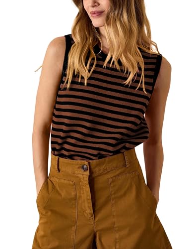 Image of Hongsui Women's Striped Color Block Sweater Vest Ribbed Knit Tank Tops Oversized Crewneck Pullover