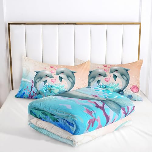 Image of AILONEN Dolphin Comforter Set Twin Size, Kawaii Jumping Dolphin Bedding Set for Kids Girls,Ocean Theme Bed in a Bag Duvet Set,3 Pieces,1 Quilt and 2 Pillowcases,Soft Microfiber