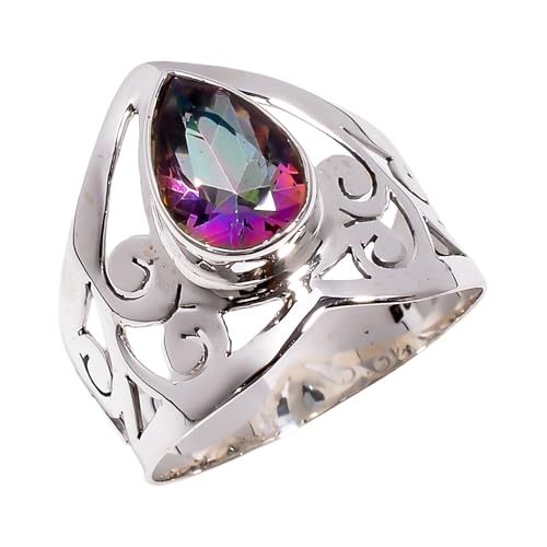 Natural Rainbow Mystic Topaz Faceted Cut Gemstone Bezel Set 925 Sterling Silver Handmade Ring Wedding Gift (6.5)