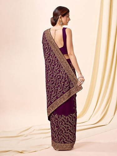Image of TRENDMALLS Women's Vichitra Silk Heavy Embroidery With Siroski Stone Work Saree with Unstitch Blouse Piece For Women
