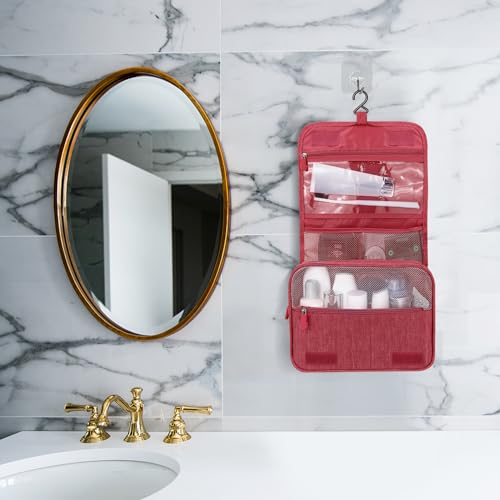 Image of Lcsmaokin Large Capacity Toiletry Bag Travel Bag with Hanging Hook for Men and Women Waterproof Travel Cosmetic Bag Bathroom Storage Bag for Brushes Set, Full-Sized Shampoo, Toiletries, Wine Red
