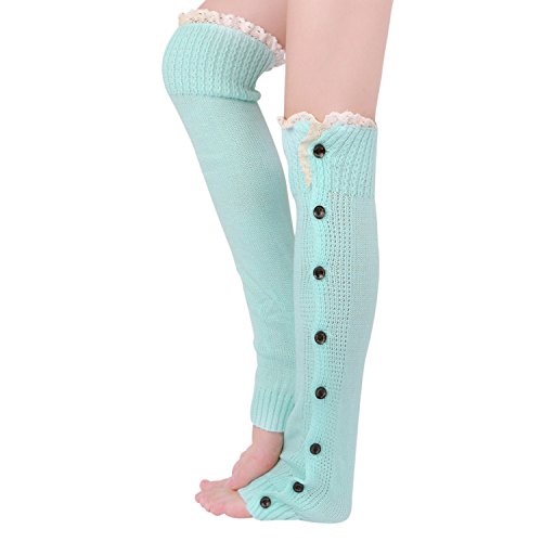 Tirain Women Knitted Flat Button Down Crochet Leg Warmers with Lace Trim FBA
