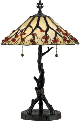 Quoizel Whispering Wood 2-Light Valiant Bronze Table Lamp, Handcrafted Tiffany Style Art Glass Desk Lamp, Genuine Agate Stone Accents, Traditional Resin Construction Vintage Lamp