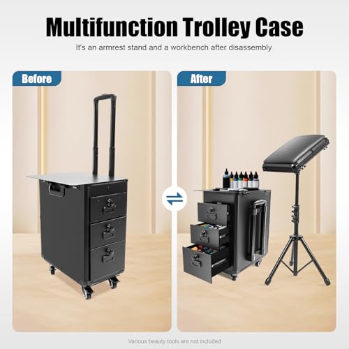 BRRIDE Maletín de cosméticos trolley maletín de tatuaje con soporte para reposabrazos, maletín de maquillaje con 3 cajones y cerradura de combinación y banco de trabajo, mesa de tatuaje soporte de - imagen 8