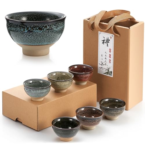 Skyley 6 Pieces Korean Soju Shot Glasses Sets Porcelain Cups Korean Ceramic Cups Tea Accessories Drinkware, Handcrafted Ceramic (Classic Style)