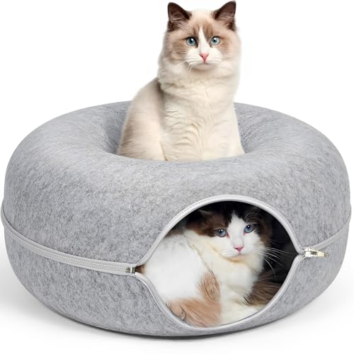 ZVGV 24inch-Tunnel Bed for Indoor cattasaurus Peekaboo cat cave for Multiple Detachable Felt Felt Washable Interior for Indoor Cats Donut Tunnel (Light Gray)