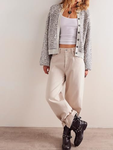 Image of Women's Casual Leopard Print Jacket Crew Neck Long Sleeve Loose Fit Button Coat Fall Trendy Bomber Cardigan