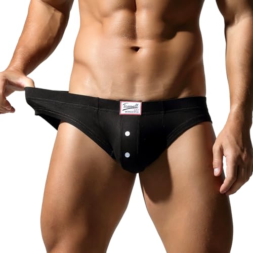 Men Ribbed Bikini Briefs Breathable Pouch Underwear Sexy Low Rise Bulge Trunks Underpants with Button Fly