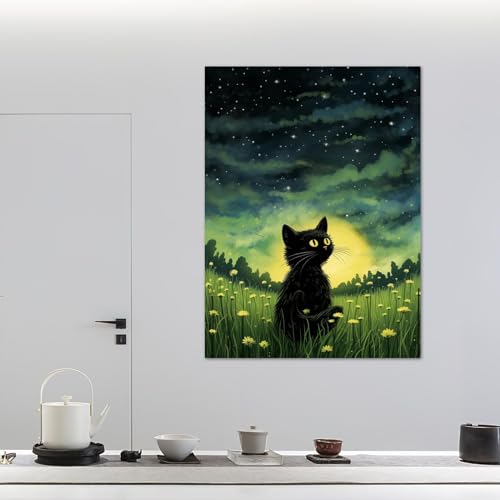 Chat noir toile affiche d'art mural vintage 70x90cm avec cadre intérieur pour salon
