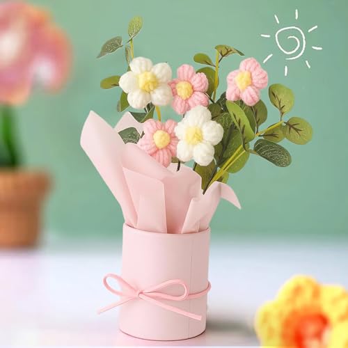 Image of Artificial Crochet Flowers Bouquet - Handmade Knitted Floral Arrangement with Decorative Leaves | Tabletop Home Decor, Desk, Valentine Day Gift for Girlfriend