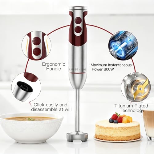 Image of MEGAWISE Immersion Hand Blender 3-in-1, 12-Speed Stick Blender with Turbo, Egg Whisk & Milk Frother for Soups, Sauces, Smoothies and Baby Food, Red